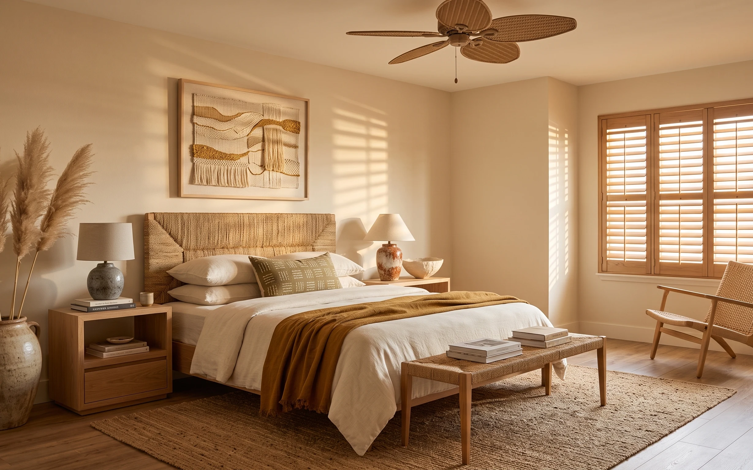 Warm neutral bedroom with upholstered headboard, jute-look rug, framed art, table lamps, woven chair, and pampas in a vase