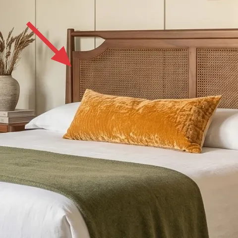tan vase with dried stems on nightstand