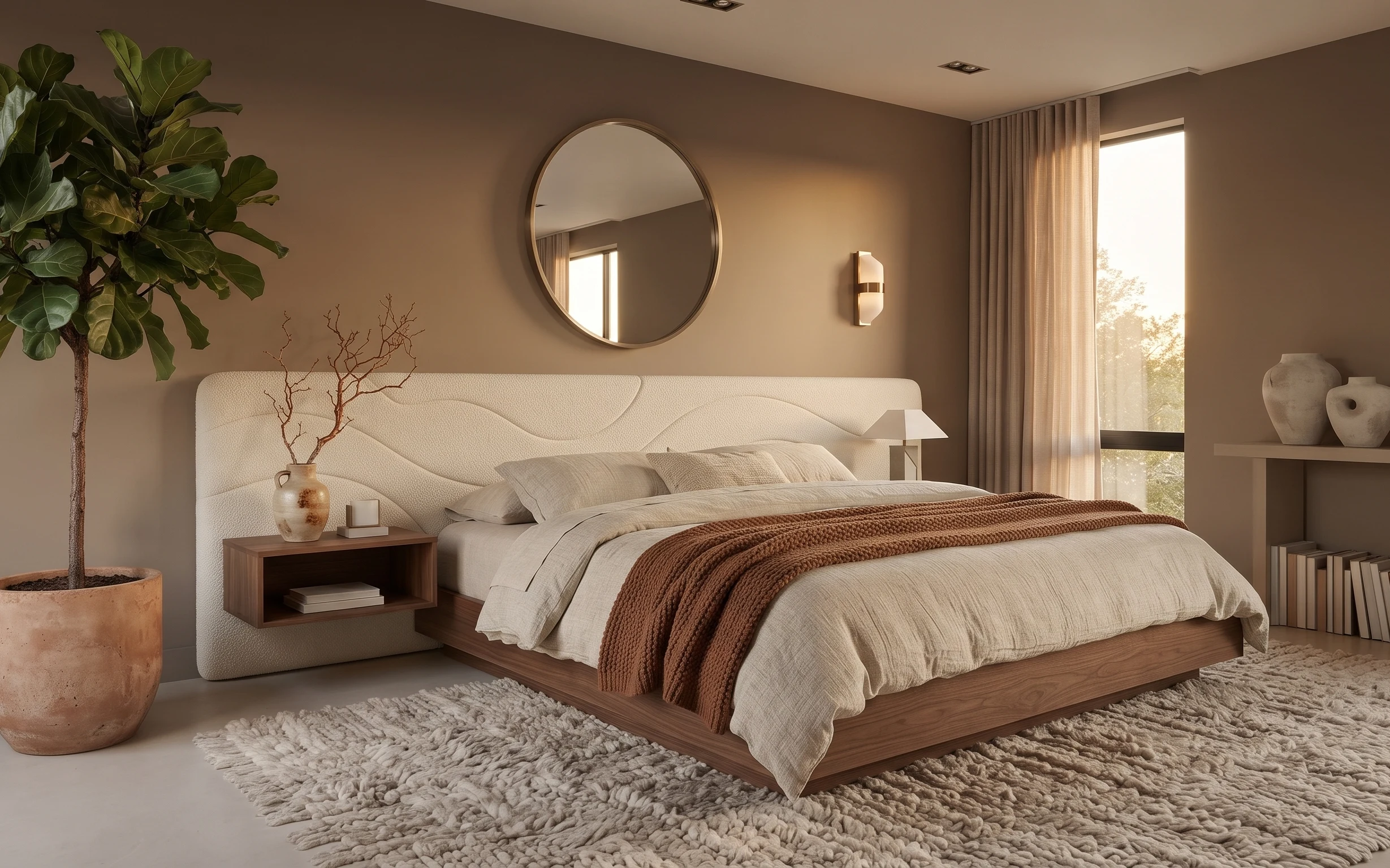 Warm taupe bedroom with upholstered bed, round mirror, beige curtains, shag rug, and terracotta planter