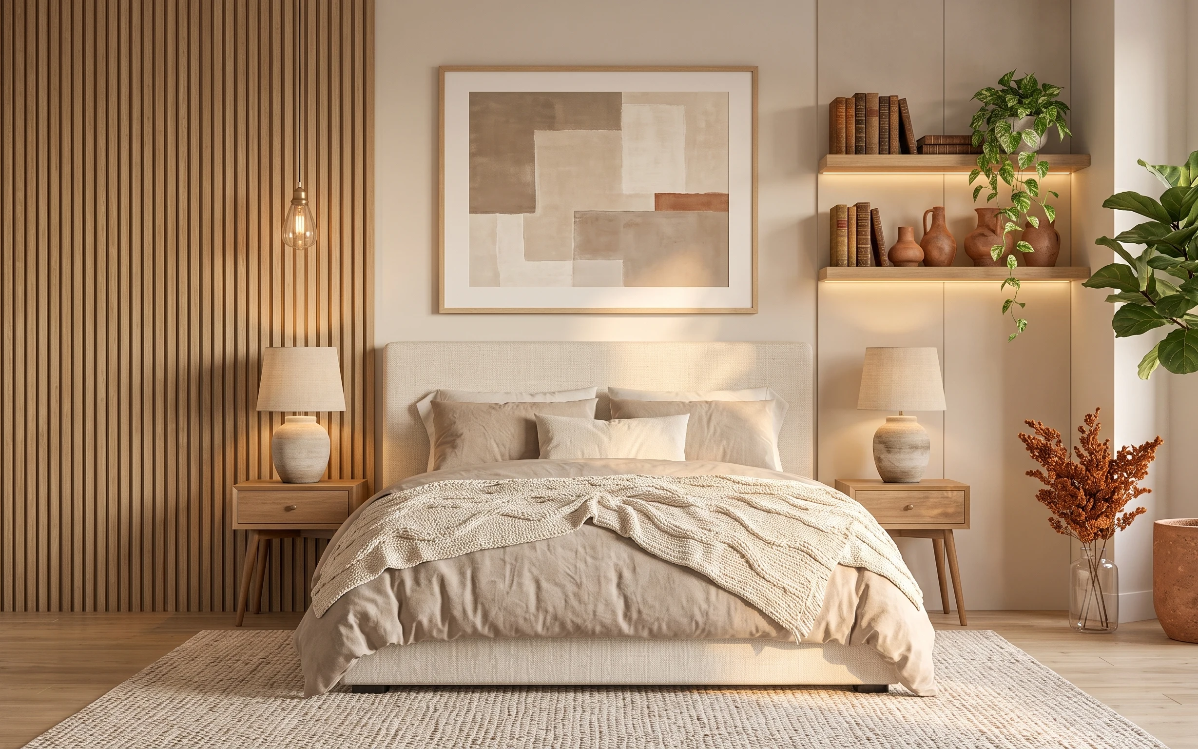 Warm bedroom with cream bedding, large framed abstract art, wood paneling, glowing lamps, and a leafy plant in terracotta