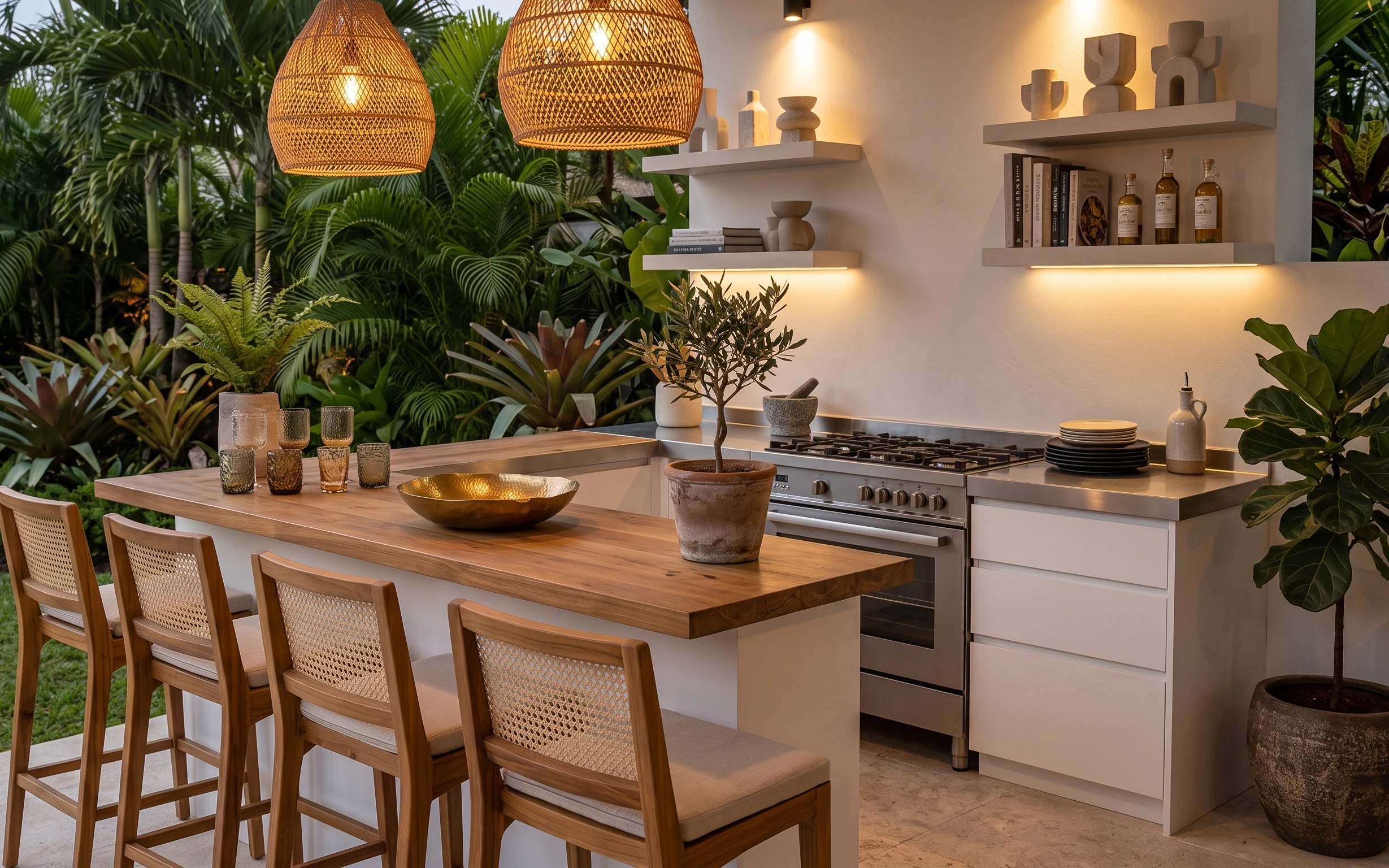 Boho outdoor kitchen patio with wood dining table, rattan lanterns, floating shelves, plants, and warm LED lighting