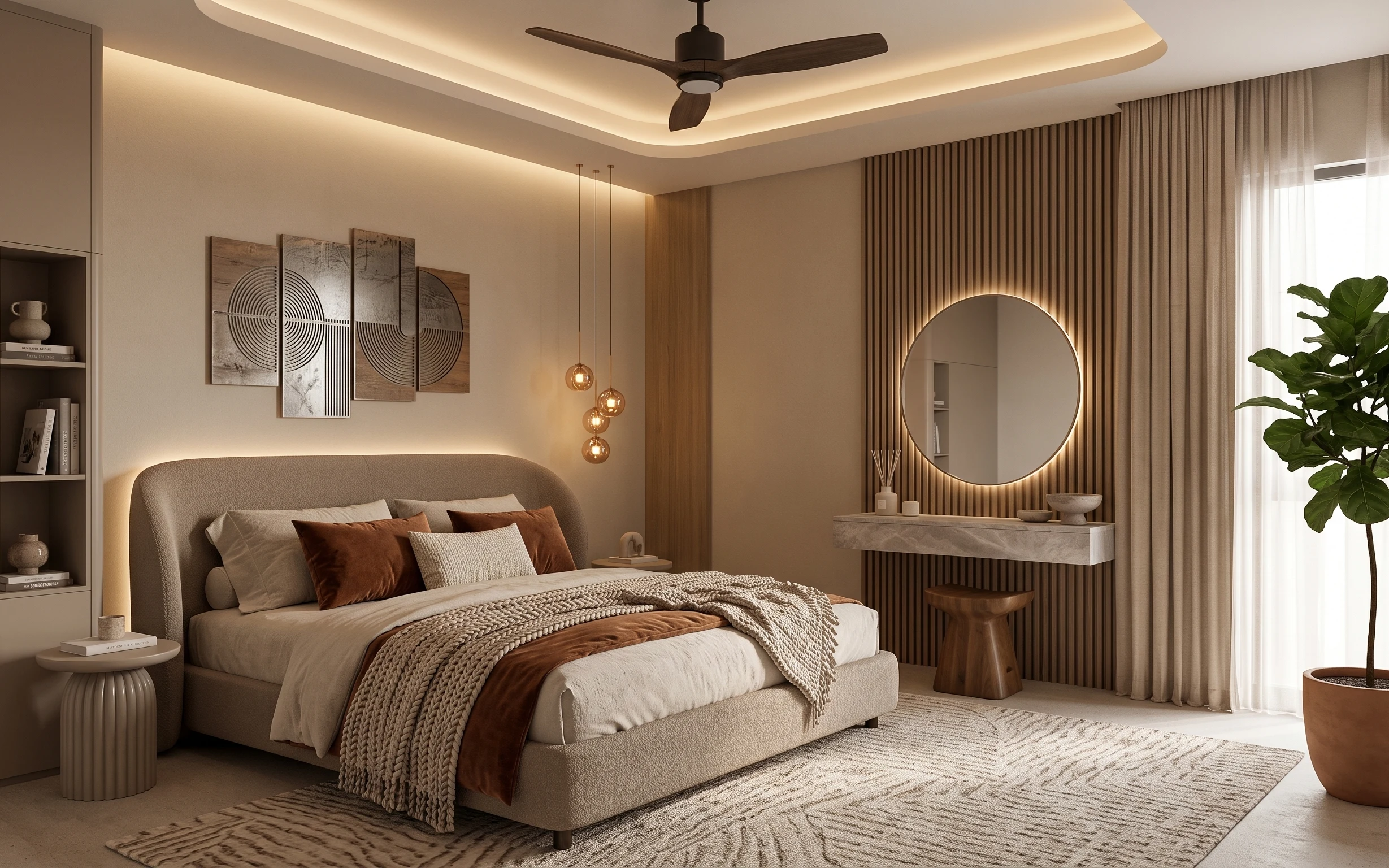 Warm neutral bedroom with patterned rug, upholstered bed, layered curtains, round mirror, console, and potted plant