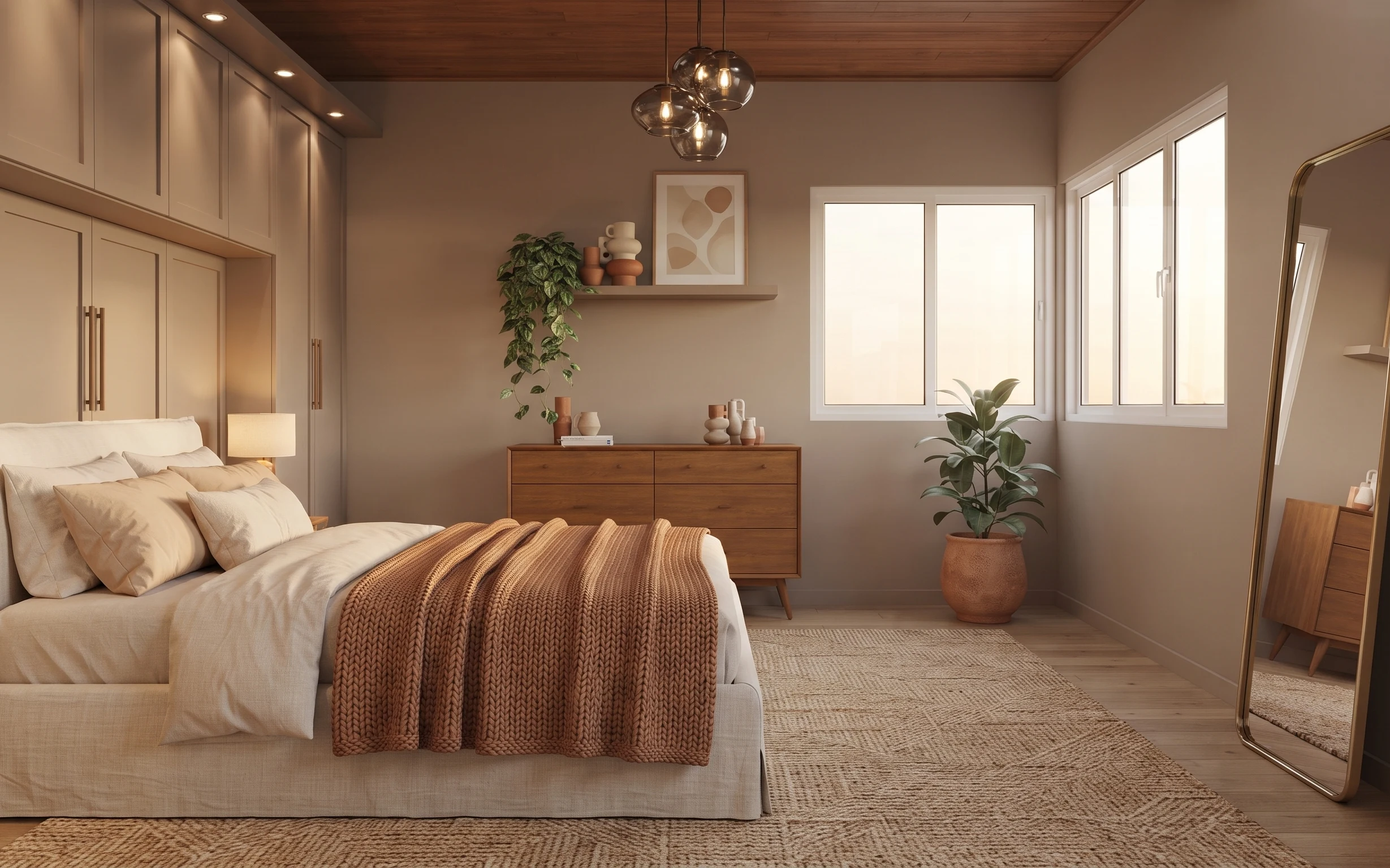 Warm beige bedroom with bed, rust knit throw, textured rug, framed art, floating shelf, pendant light, and terracotta plant