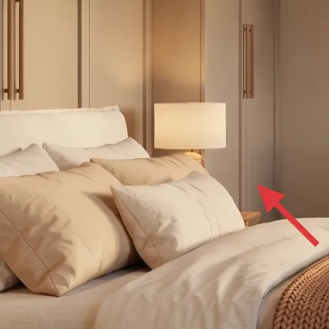 beige-shaded table lamp on nightstand